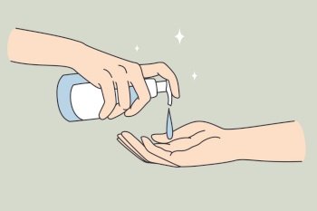 Hand sanitizer and cleaning concept. Human hands pulling soap or sanitizer for hygiene one to another vector illustration . Hand sanitizer and cleaning concept.