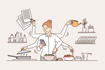 Multitasking and time management concept. Young smiling woman with six arms performing many tasks simultaneously in kitchen vector illustration . Multitasking and time management concept