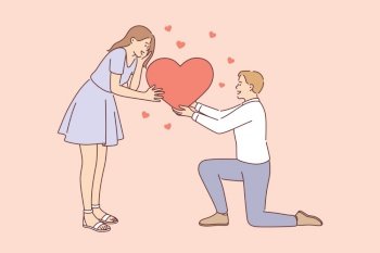 Love, romance and dating concept. Young happy smiling loving Man and woman connecting halves of big red heart feeling in love vector illustration . Love, romance and dating concept