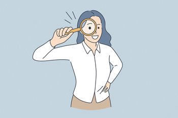 Searching investigation and research concept. Young smiling woman cartoon character standing holding magnifier glass over eyes feeling curious vector illustration . Searching investigation and research concept