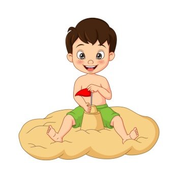 Cartoon boy making sand castles on a beach