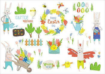 Set Easter cartoon characters and design elements. Easter bunny, chickens, eggs, easter tree, tulips, mimosa. Vector illustration. Perfect for holiday decoration and spring greeting cards, poster. Set Easter cartoon characters and design elements. Easter bunny, chickens, eggs, easter tree, tulips, mimosa.