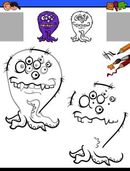 Cartoon Illustration of Drawing and Coloring Educational Activity for Children with Monster Character