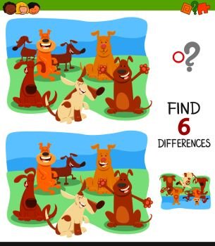 Cartoon Illustration of Finding Six Differences Between Pictures Educational Game for Children with Happy Dogs