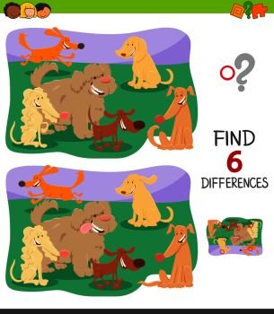 Cartoon Illustration of Finding Six Differences Between Pictures Educational Game for Children with Cute Dogs Group