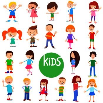 Cartoon Illustration of Cute Children and Teens Characters Large Set