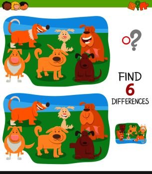 Cartoon Illustration of Finding Six Differences Between Pictures Educational Game for Children with Cute Dogs and Puppies Group