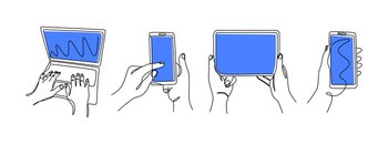 One line hands with gadgets. Continuous line female hands holding smartphones tablet and laptop. Vector monoline isolated set modern technology design mobile telephone. One line hands with gadgets. Continuous line female hands holding smartphones tablet and laptop. Vector monoline isolated set