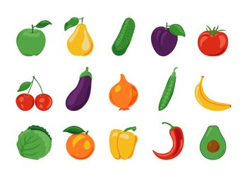 Cartoon fruits and vegetables. Fresh organic farm food, isolated vegan salad ingredients. Vector illustration healthy bright set isolated seasoned crop. Cartoon fruits and vegetables. Fresh organic farm food, isolated vegan salad ingredients. Vector healthy set