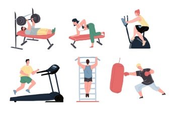 Set of vector flat cartoon characters enjoy sport activities at fitness gym.Athletes working out with barbell,dumbbells,doing cardio and pull ups.Healthy sporty lifestyle,life scene,social design. Cartoon flat healthy characters set doing sport workout at gym, vector illustration