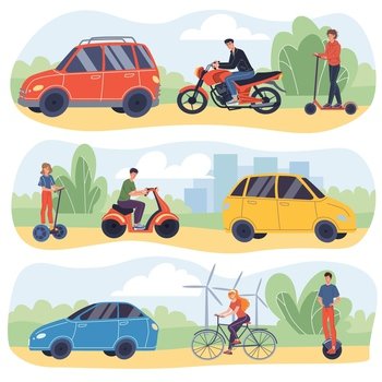 Flat cartoon characters on modern vehicles-happy young people ride on scooter,bicycle,segway,motorcycle,electric unicycle next to cars.Web online banner design set,modern city transportation concept. Set of flat cartoon characters on various modern vehicles,vector illustration concept