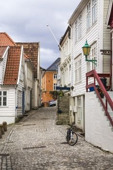 Nice street with wooden houses in Bergen. Norway