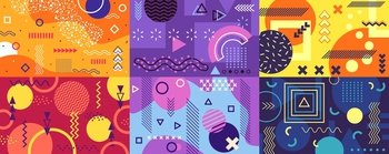 Memphis background. Funky abstract cover with geometric shapes and patterns. Fun pop art retro 80s 90s style poster template vector set. Bright colorful decor with curves, lines, circles and squares