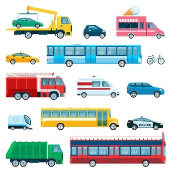 City cars. Passenger car, ambulance, truck, bike, taxi, police car, school bus, fire engine. Flat urban public transport and vehicle vector set. Road transportation service for emergency. City cars. Passenger car, ambulance, truck, bike, taxi, police car, school bus, fire engine. Flat urban public transport and vehicle vector set