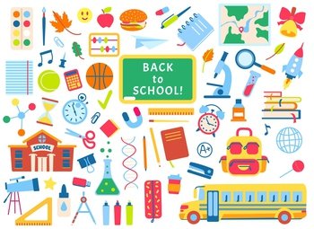 Back to school hand drawn elements, school supplies doodles. Books, notebooks, chalkboard. Children school education stickers vector set. Yellow bus for pupils, blackboard with text. Back to school hand drawn elements, school supplies doodles. Books, notebooks, chalkboard. Children school education stickers vector set