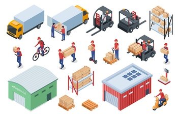 Isometric warehouse logistics, delivery workers, cargo vehicles. Forklift, truck, storage shelves with boxes, distribution center vector set. Employee with cardboard parcels on pallets. Isometric warehouse logistics, delivery workers, cargo vehicles. Forklift, truck, storage shelves with boxes, distribution center vector set