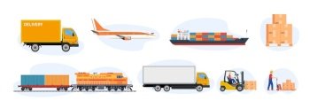 Delivery and logistics transport icons. Cargo freight shipment, parcels storehouse logistics and delivery car, airplane, ship and forklift truck loader. Vector illustration in flat style. Delivery and logistics transport icons