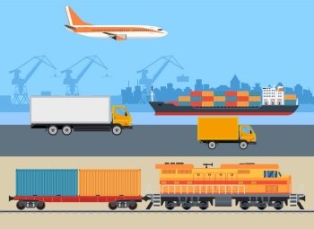 Cargo logistics transportation. Ship, truck, car, train, airplane. import export transport industry. Global freight transportation. Vector illustration in flat style. Cargo logistics transportation