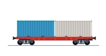 Freight train wagon. Railroad cars container view from side. Cargo train wagons isolated on white background icon. Industrial Railroad Transportation. Vector illustration in flat style. Freight train wagon.