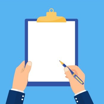 Man holds a clipboard and writes. Empty blank. Pen in hand. A blank sheet of paper to write. Vector illustration in flat style. Man holds a clipboard and writes.