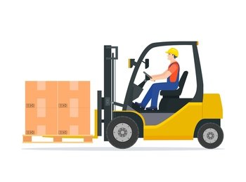 Yellow forklift truck with driver isolated on white background. electric uploader. Delivery, logistic and shipping cargo. Warehouse and storage equipment. Flat vector illustration. Yellow forklift truck