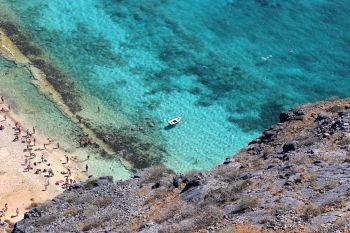 Beautiful sea view on the beach of the Gramvousa island from fortress on the top, Crete, Greece