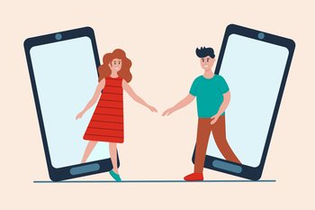Online dating app concept. Man and woman meeting in social network. Virtual love, long distance relationship. Vector illustration in flat style.. Online dating app concept. Man and woman meeting in social network. Virtual love, long distance relationship. Vector illustration in flat style