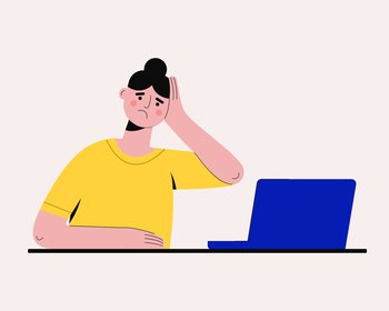 Tired sad woman working on laptop. Stress because of computer problems, professional burnout, office or freelance overworking, bad online news. Vector illustration.. Tired sad woman working on laptop. Stress because of computer problems, professional burnout, office or freelance overworking, bad online news. Vector illustration