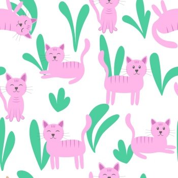 Seamless pattern of pink cats in different poses, vector illustration. Relaxed lazy pets with leaves. Background for wallpaper, textile and design.. Seamless pattern of pink cats in different poses, vector illustration.