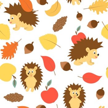 Hedgehog apple leaf and acorn seamless autumn pattern. Vector illustration of fall background. Pattern with animals and autumn elements. Colorful template for wallpaper and packaging.. Hedgehog apple leaf and acorn seamless autumn pattern.
