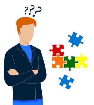 man stands in thought. Making difficult decisions, answering questions. Puzzle pieces fly overhead. Vector on white background