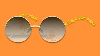 Summer banner on an orange background. Sunglasses with reflection of the coast by the sea or ocean with palm trees