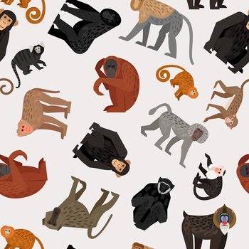 Seamless pattern with monkeys on  gray background
