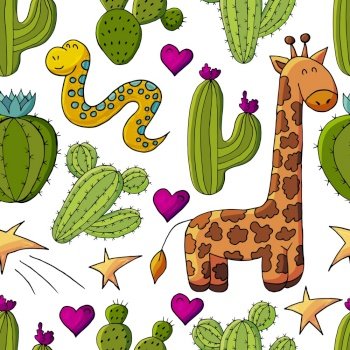 Seamless botanical illustration. Tropical pattern of different cacti, aloe, exotic animals. Giraffe, snake, stars colorful hearts. Cute vector illustration. Cartoon images of cactus. Cacti, aloe, succulents. Decorative natural elements