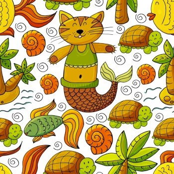 Vector illustration, ocean, underwater world, marine clipart. Seamless pattern for cards, flyers, banners, fabrics. Cat mermaid, fish, turtle palm trees on a white background. Vector illustration, ocean, underwater world, marine clipart
