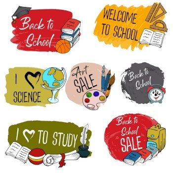 Set of back to school labels, pins. Typography emblem. School Sale tag. Vector. Hand drawn lettering. Welcome back to school. Design poster, banner, flyer. School supplies