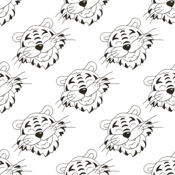 Coloring Seamless vector pattern with tigers faces. Pattern in hand draw style. New Year’s holidays 2022. Year of the tiger. Can be used for fabric, packaging and etc. Coloring Seamless vector pattern with tigers faces. Pattern in hand draw style. New Year’s holidays 2022