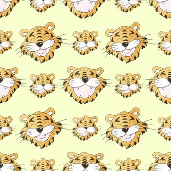 Seamless pastel pattern with tigers faces. Pattern in hand draw style. New Year’s holidays 2022. Year of the tiger. Can be used for fabric and etc. Faces of tigers. Symbol of 2022. Tigers in hand draw style. New Year 2022