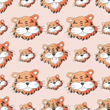 Seamless pastel pattern with tigers faces. Pattern in hand draw style. New Year’s holidays 2022. Year of the tiger. Can be used for packaging and etc. Faces of tigers. Symbol of 2022. Tigers in hand draw style. New Year 2022