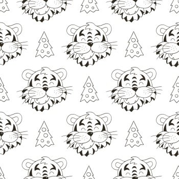 Seamless vector pattern with the heads of tigers in Christmas hats, Christmas trees. Year of the tiger 2022. Can be used for fabric, Coloring and etc. Coloring Seamless vector pattern with tigers faces. Pattern in hand draw style. New Year’s holidays 2022