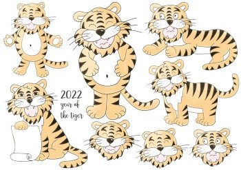 Set of pastel tigers in hand draw style. Symbol of 2022. Faces of tigers. Collection New Year 2022. Faces of tigers. Symbol of 2022. Tigers in hand draw style. New Year 2022