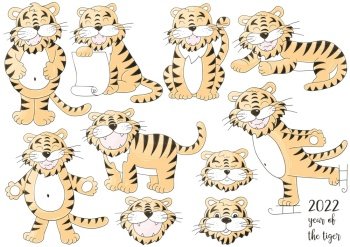 Set of pastel tigers in hand draw style. Symbol of 2022. Faces of tigers. New Year 2022. Collection illustrations. Faces of tigers. Symbol of 2022. Tigers in hand draw style. New Year 2022