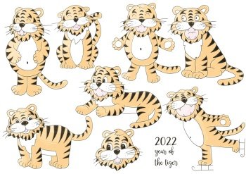 Set of tigers in hand draw style. Symbol of 2022. Faces of tigers. New Year 2022. Collection of pastel vector illustrations for design. Faces of tigers. Symbol of 2022. Tigers in hand draw style. New Year 2022