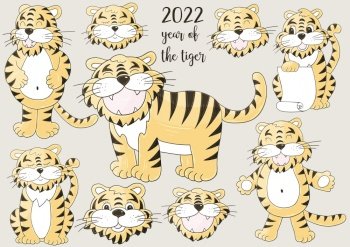Symbol of 2022. Faces of tigers. Set of tigers in hand draw style. New Year 2022. Collection of pastel vector illustrations for design. Faces of tigers. Symbol of 2022. Tigers in hand draw style. New Year 2022