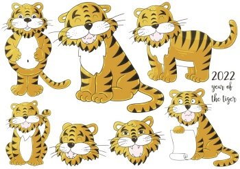 Symbol of 2022. Faces of tigers. Set of tigers in hand draw style. New Year 2022. Collection of pastel vector illustrations. Faces of tigers. Symbol of 2022. Tigers in hand draw style. New Year 2022