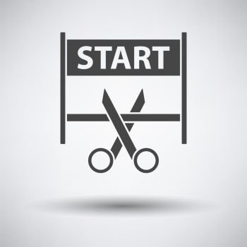 Scissors Cutting Tape Between Start Gate Icon on gray background, round shadow. Vector illustration.