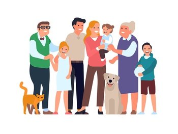 Big happy family. Relatives group portrait in full growth, parents, grandparents, children and a pets, teenages and todler together vector concept. Big happy family. Relatives group portrait in full growth, parents, grandparents, children and a pets, teenages and todler. Vector concept