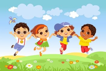 Kids jumping grass. Happy children having fun on nature, joyful boys and girls outdoor activity, little friends playing funny cheerful team vector concept. Kids jumping grass. Happy children having fun on nature, joyful boys and girls outdoor activity, little friends funny team, vector concept