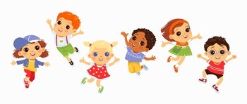 Happy jumping kids. Funny children, active little friends in flying poses, boys and girls characters gestures and face expressions, smiling and waving hands students, vector cartoon flat isolated set. Happy jumping kids. Funny children, active little friends in flying poses, boys and girls characters gestures and face expressions, smiling students, vector cartoon flat isolated set