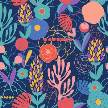 Vector flowers. Decorative seamless background for decoration and design all types of surfaces. Colorful stylized flowers. Seamless pattern on a dark background